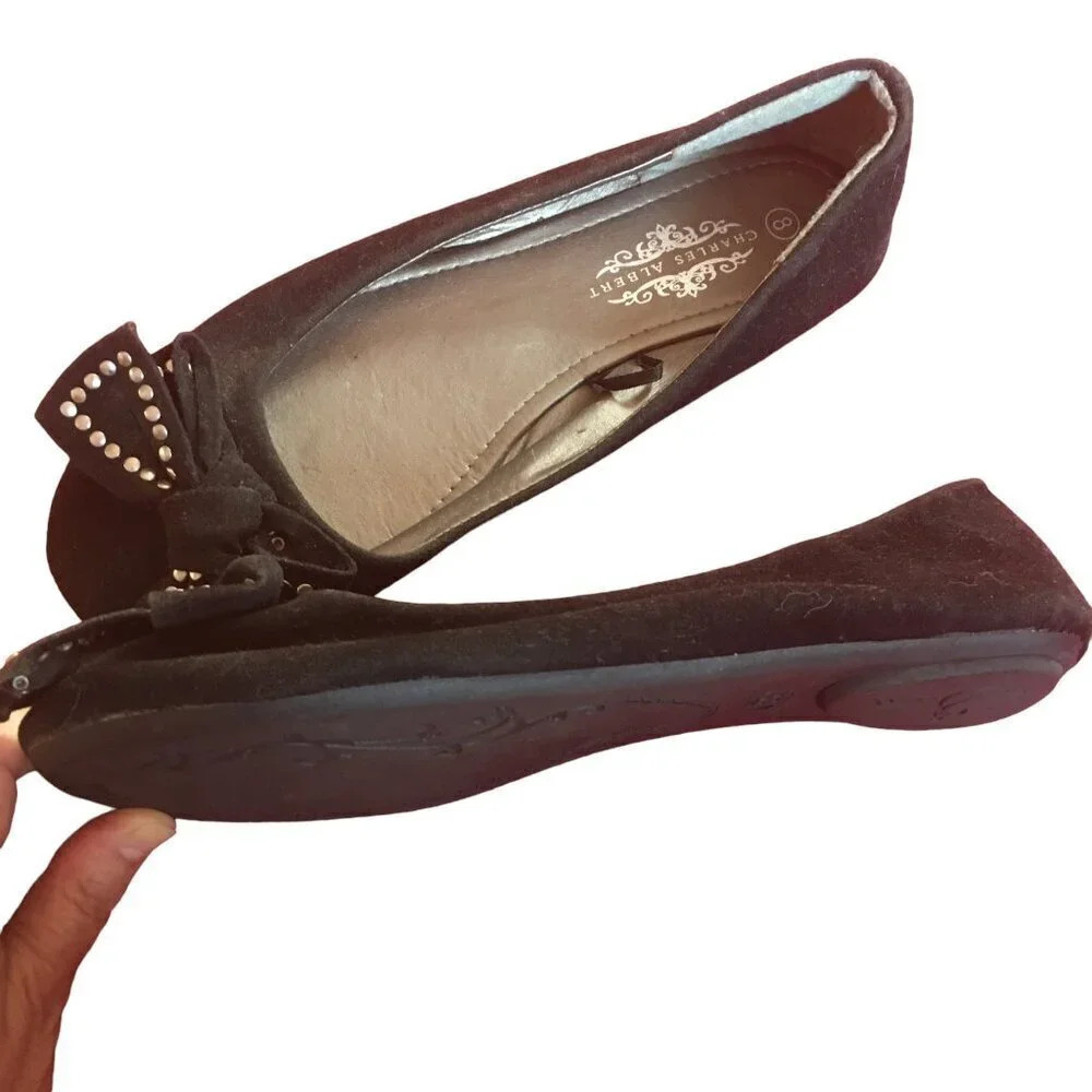 Charles Albert Flats, Size 8, Black Faux Suede, Studded Bows, Like New - Picture 3 of 6